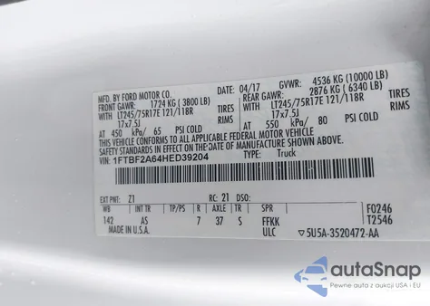 2017 Ford F-250 Xl from USA, damaged, VIN 1FTBF2A64HED39204